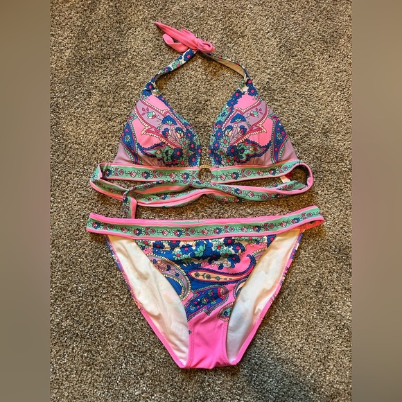 Victoria's Secret Floral Bikini with Pink and Green and gold Accents pushup - Picture 2 of 9